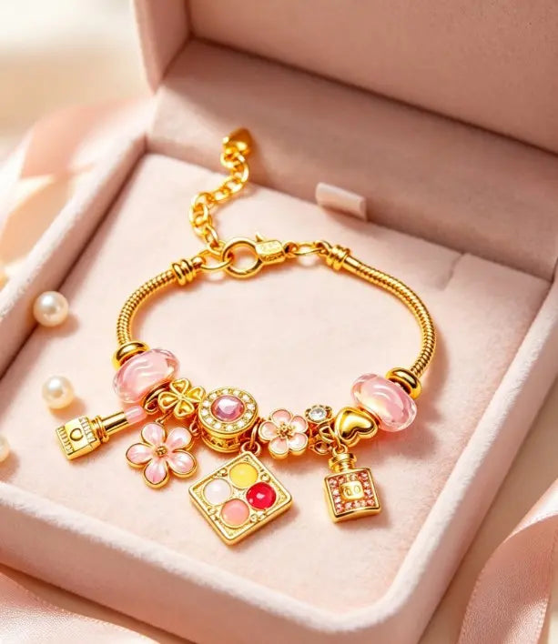 Gold Snake Chain Charm Bracelet for Women, Pink Enamel Flower Lipstick Perfume Palette Crystal Beads Dainty Jewelry Gift