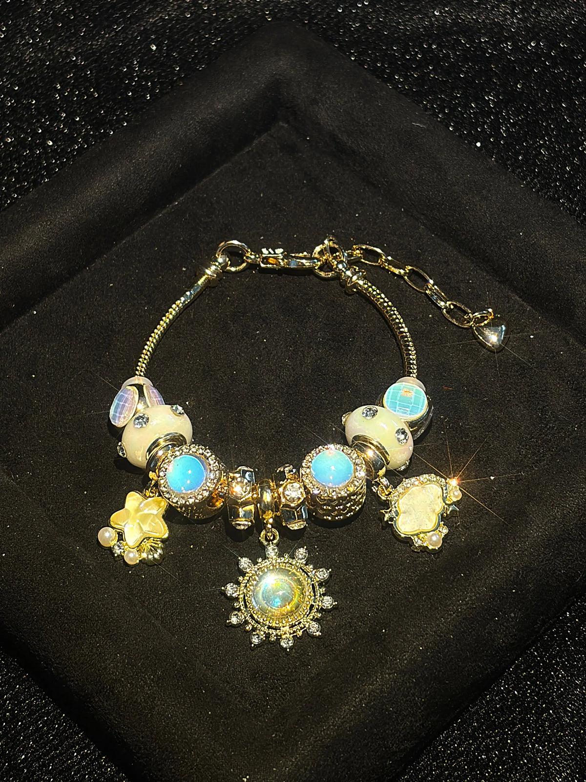 Women's Gold-Tone Beaded Bracelet with Dreamy Moonlight Sun Charm, Iridescent Glass Beads and Star Cloud Dangle Charm