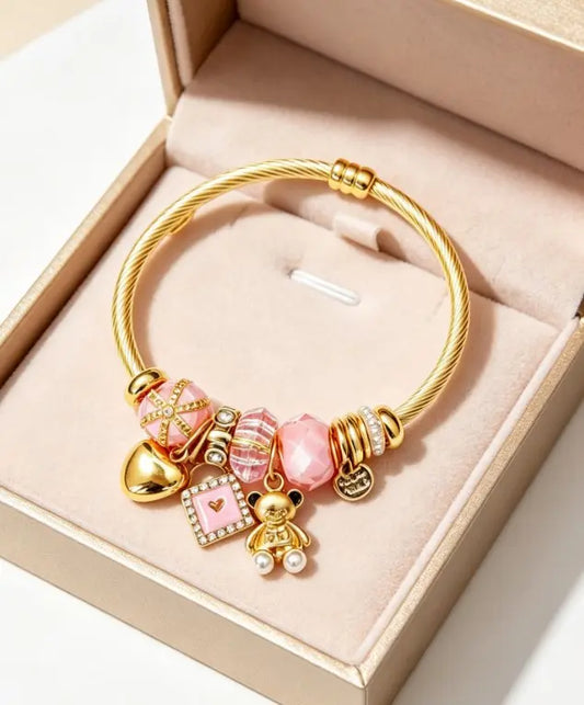 Gold Twisted Cable Bangle Bracelet, Pink Crystal Beads Charms Bracelet with Bear, Heart & Lock Pendant, Sweet Fashion Jewelry Gift for Women Girls