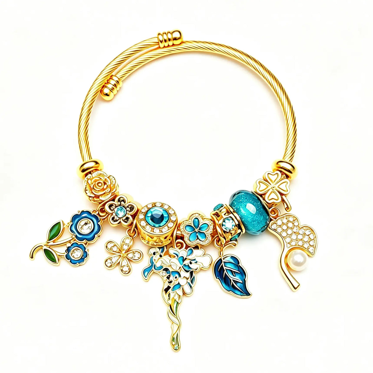 Gold Adjustable Cable Wire Charm Bangle Bracelet, Enamel Blue Flower Leaf Pearl Crystal Beaded Bracelet, Vintage Floral Jewelry Gift for Women