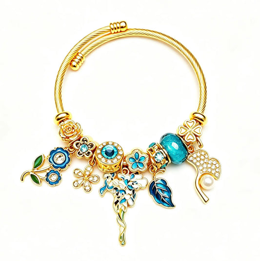 Gold Adjustable Cable Wire Charm Bangle Bracelet, Enamel Blue Flower Leaf Pearl Crystal Beaded Bracelet, Vintage Floral Jewelry Gift for Women