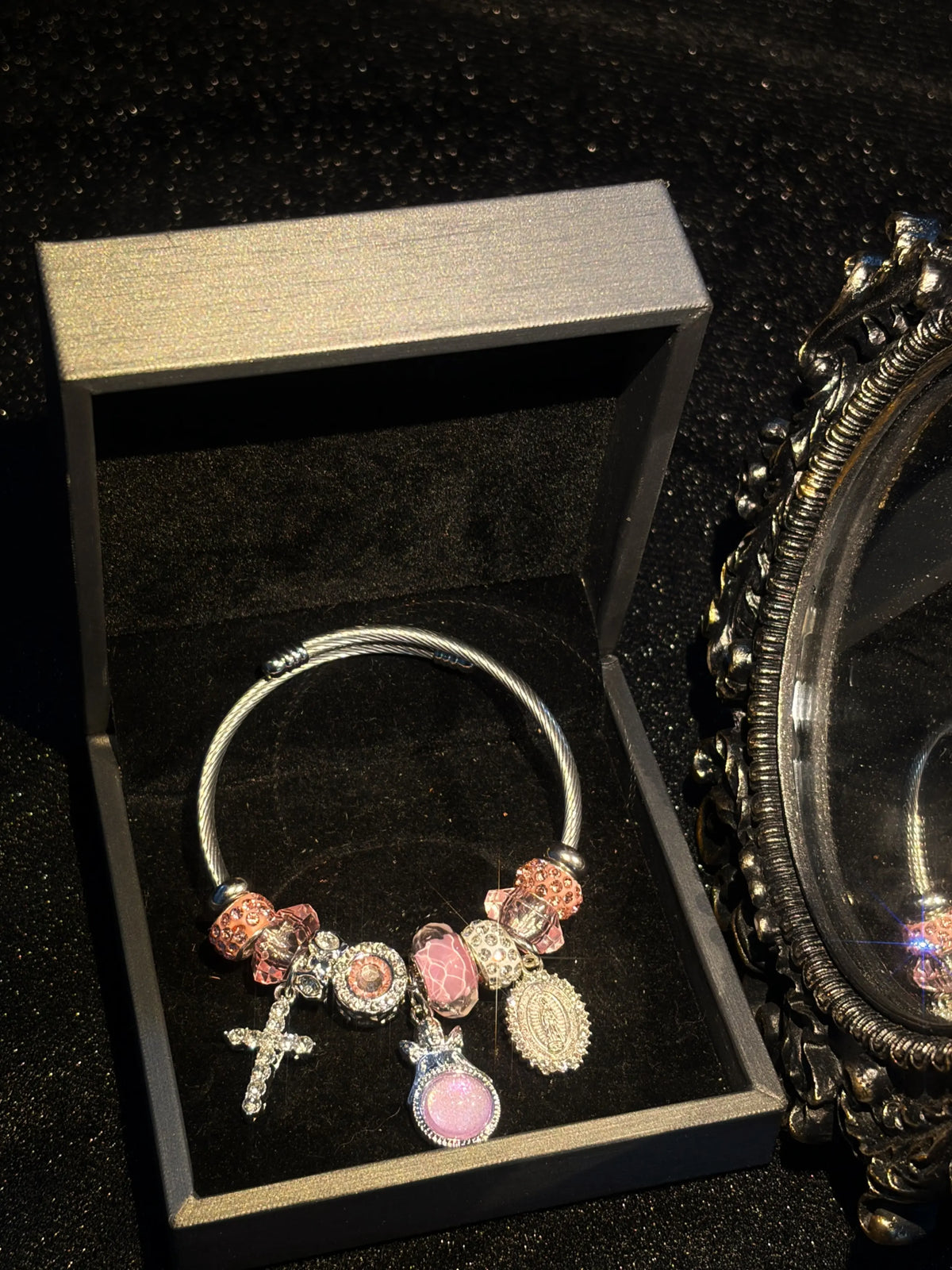 Women's Silver-Tone Religious Wire Cuff Bangle - Cross, Virgin Mary Charm, Pink Murano Glass Beads, Rhinestone Crystal Fashion Statement Bracelet