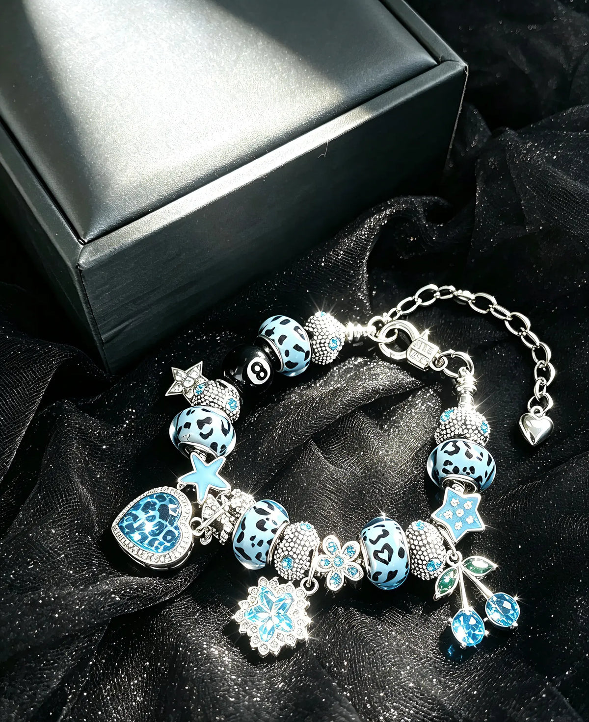 Viral Leopard Charm Bracelet (Pink/Blue) – 8-Ball, Cherry & Heart Pendants | Adjustable Silver Chain Gift for Her