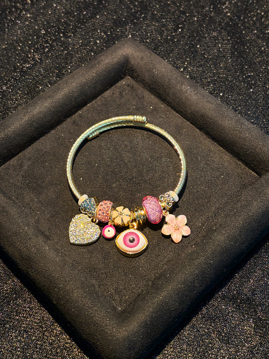 Women's Evil Eye Gold-Tone Open Cuff Bangle, Heart Flower Stackable Costume Jewelry