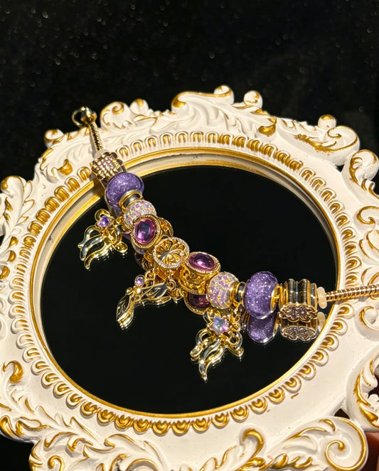 Women's Elegant Ornate Hollow Leaf Floral Dangle Charm Bracelet - Gold-Tone Snake Chain, Purple Crystal, Glitter Beads - Fashion Costume Jewelry Gift
