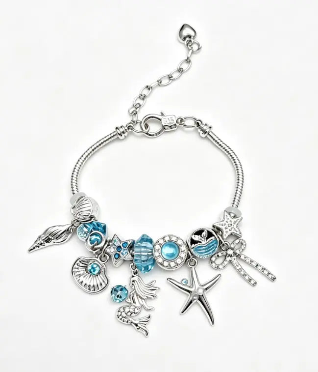 Silver Ocean Mermaid Charm Bracelet, Blue Crystal Shell Starfish Conch Bow Snake Chain Bangle, Adjustable Extender Chain Summer Beach Jewelry Gift for Women Girls