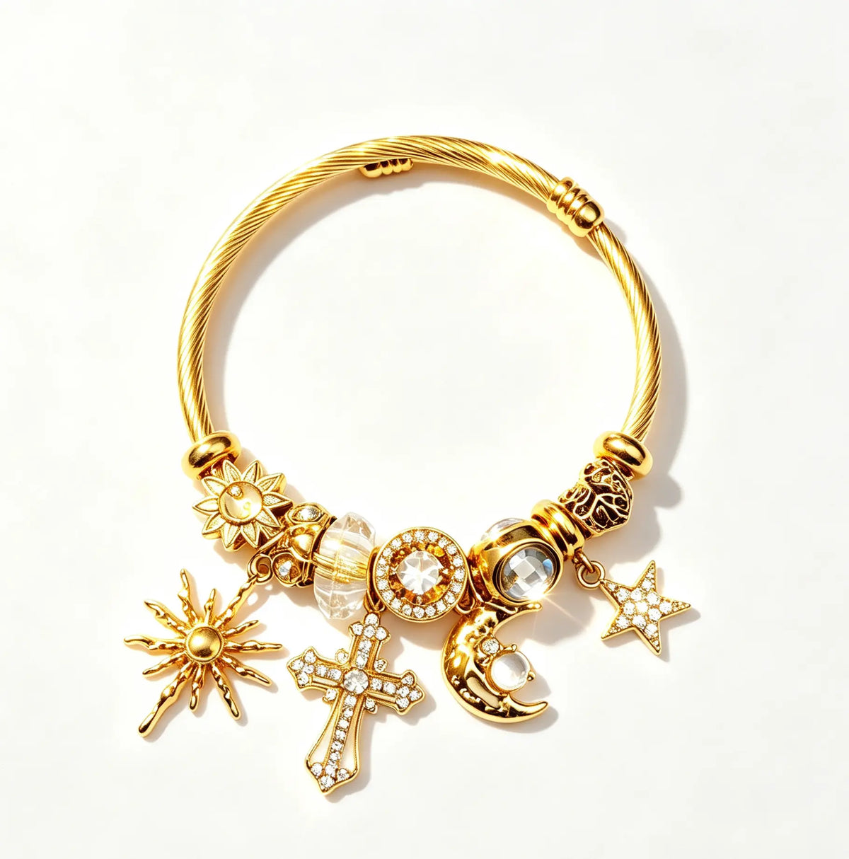 Twisted Tone Open Cuff Charm Bracelet for Women, Adjustable Flexible Bangle with Sun Moon Star Cross Rhinestone Charms, Vintage Celestial Fashion Jewelry Gift for Daily & Party Wear