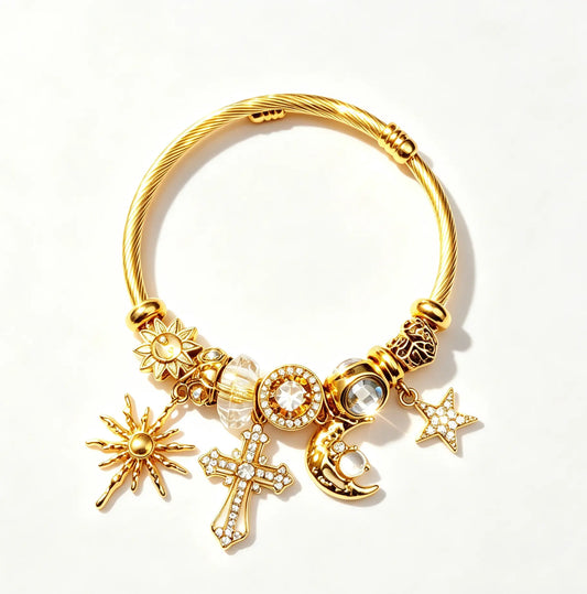 Twisted Tone Open Cuff Charm Bracelet for Women, Adjustable Flexible Bangle with Sun Moon Star Cross Rhinestone Charms, Vintage Celestial Fashion Jewelry Gift for Daily & Party Wear