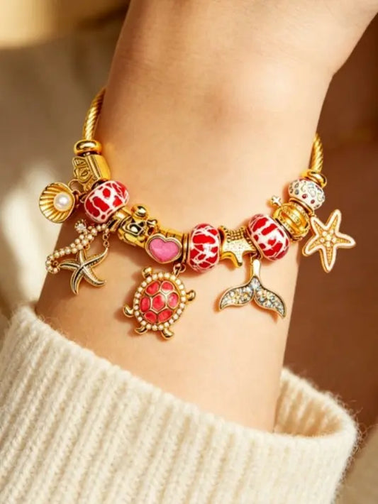 Tone Gold Open Twist Bangle Ocean Charm Bracelet Red Enamel Bead Turtle Mermaid Tail Starfish Shell Women Beach Jewelry Gift