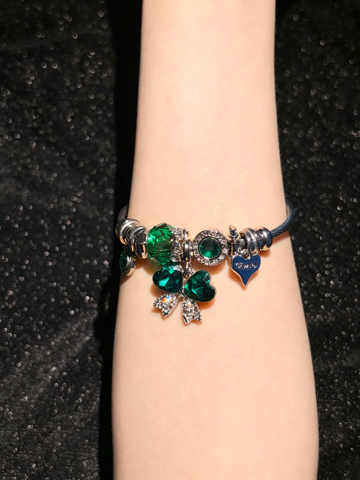 Women's Adjustable Open Silver-Tone Wire Bangle Bracelet, Sparkling Heart Butterfly Crystal Charm Design, 2-Color Red/Green Costume Jewelry, Fashion Statement Gift for Daily/Party Use