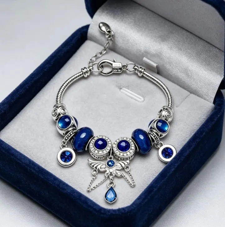 Blue Crystal Butterfly Charm Bracelet for Women, Adjustable Silver Snake Chain Beaded Bangle with Rhinestone Teardrop Pendant, Ocean Themed Dainty Jewelry Gift for Teen Girls
