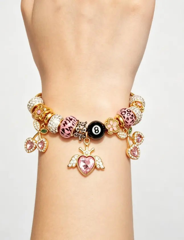 Gold Plated Snake Chain Charm Bracelet with Pink Leopard Print Beads, 8-Ball, Cherry & Winged Heart Crystal Charms, Y2K Cute Dainty Adjustable Jewelry Gift for Women Girls