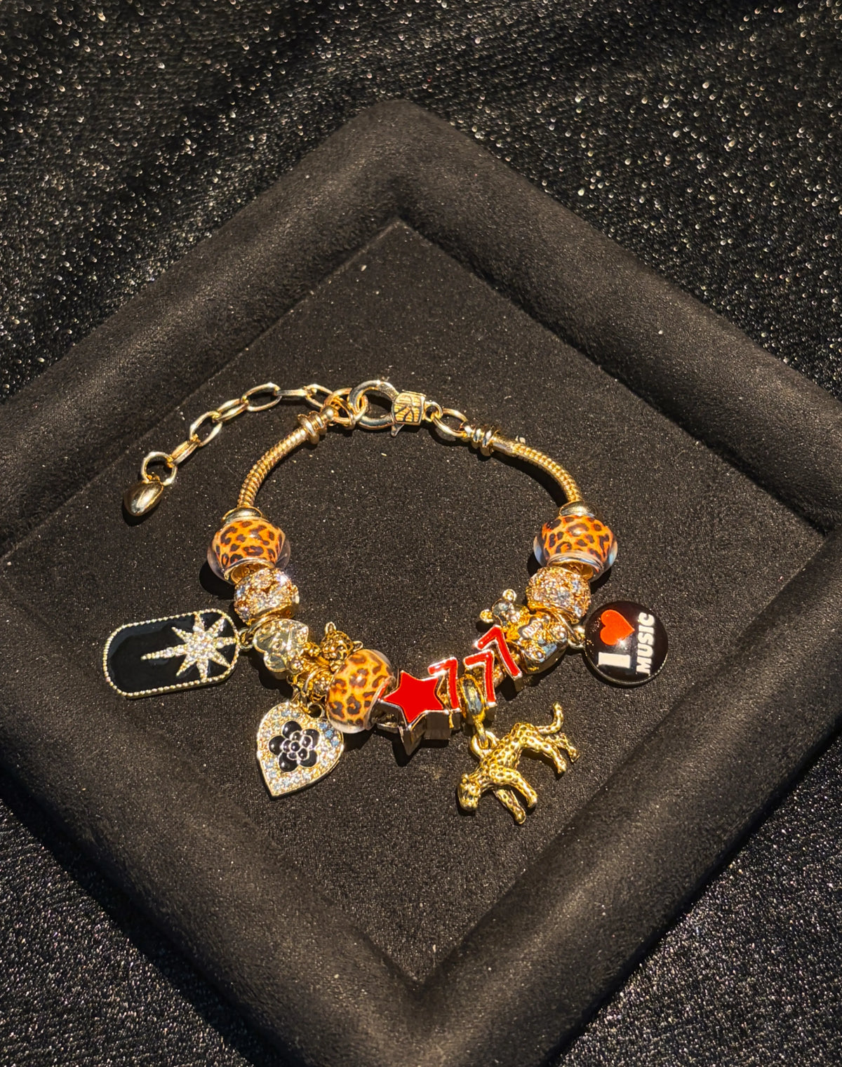 Women's Gold-Tone Multi-Charm Beaded Bracelet - Leopard Print Bead, Star, I Love Music Dangles - Trendy Costume Fashion Jewelry Accessory