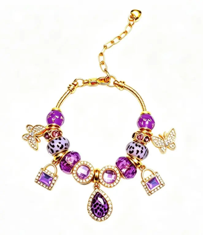Purple Leopard Crystal Charm Bracelet for Women, Gold Plated Butterfly Lock Teardrop Amethyst Beaded Snake Chain Bracelet, Elegant Jewelry Gift for Birthday Anniversary
