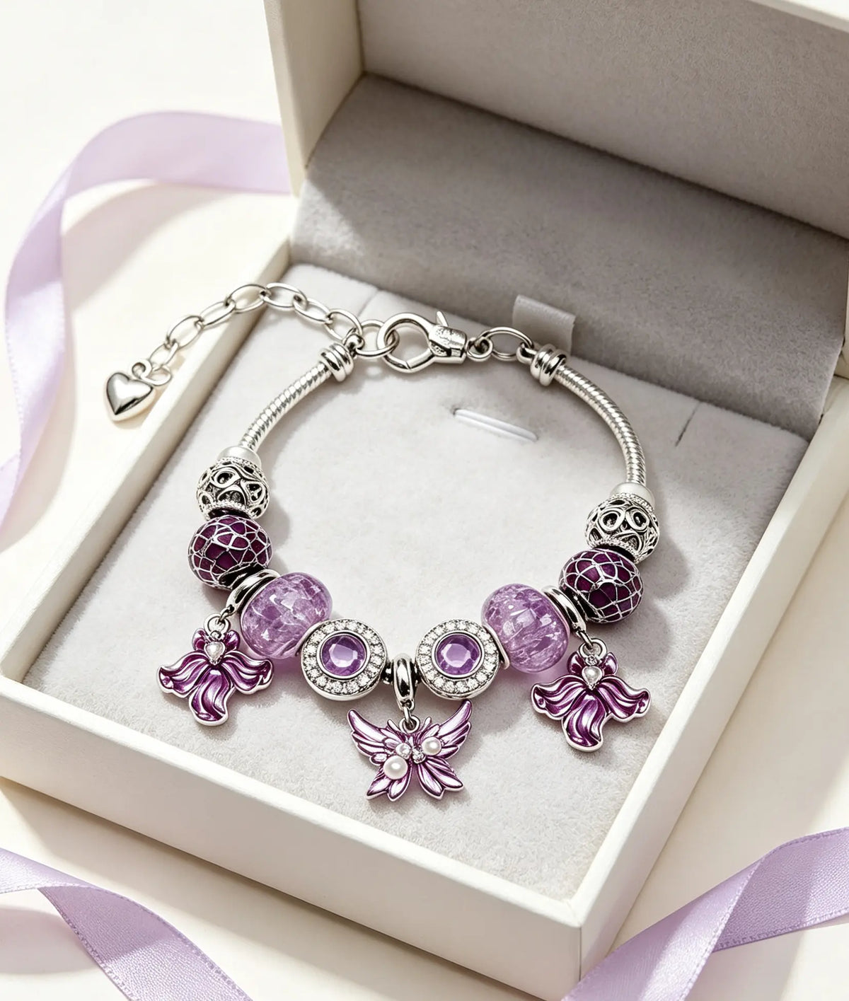 Purple Butterfly Angel Charm Snake Chain Bracelet, 9.85 Inches Adjustable Extension Chain Beaded Bracelet with Purple Crystal Beads, Fashion Jewelry Gift for Women Teen Girls