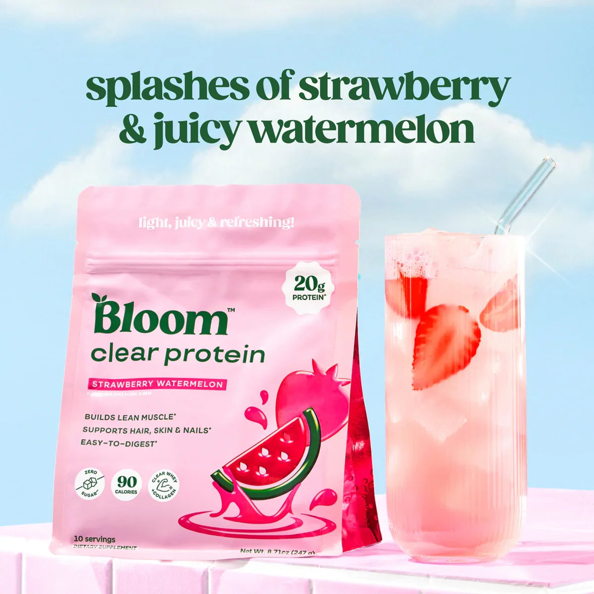 Bloom Nutrition Clear Protein - Clear Whey + Collagen Protein Blend | 20g Protein, 90 Calories, 0g Sugar, Light & uct Refreshing Fruity Drink | Protein for Women