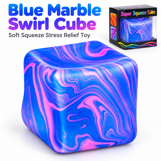 Blue Marble Swirl Cube Squishy Toy, Soft Squeeze Stress Relief Fidget, Single Piece