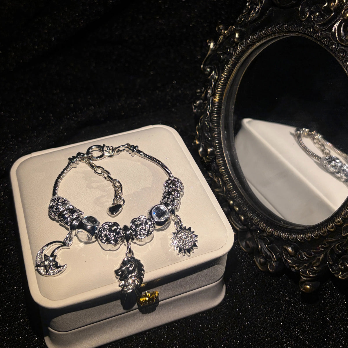 Stunning Silver‑Tone Sun Moon Zodiac Charm Bracelet Crystal Inlaid Constellation Pendant Bracelet Fashion Women Jewelry Birthday Gift