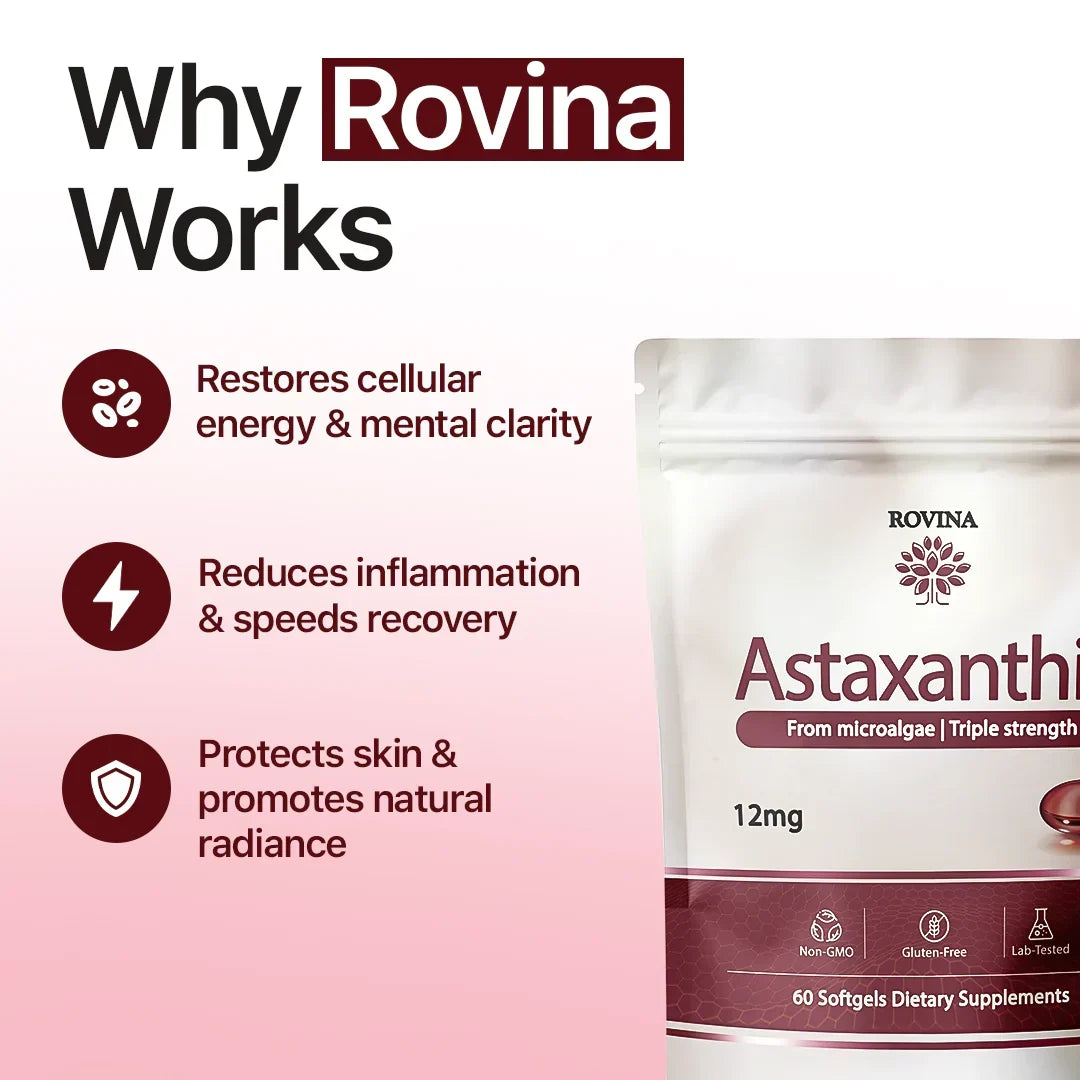 ROVINA Astaxanthin 12mg Softgels – Triple Strength Natural Microalgae Antioxidant, 60 Count