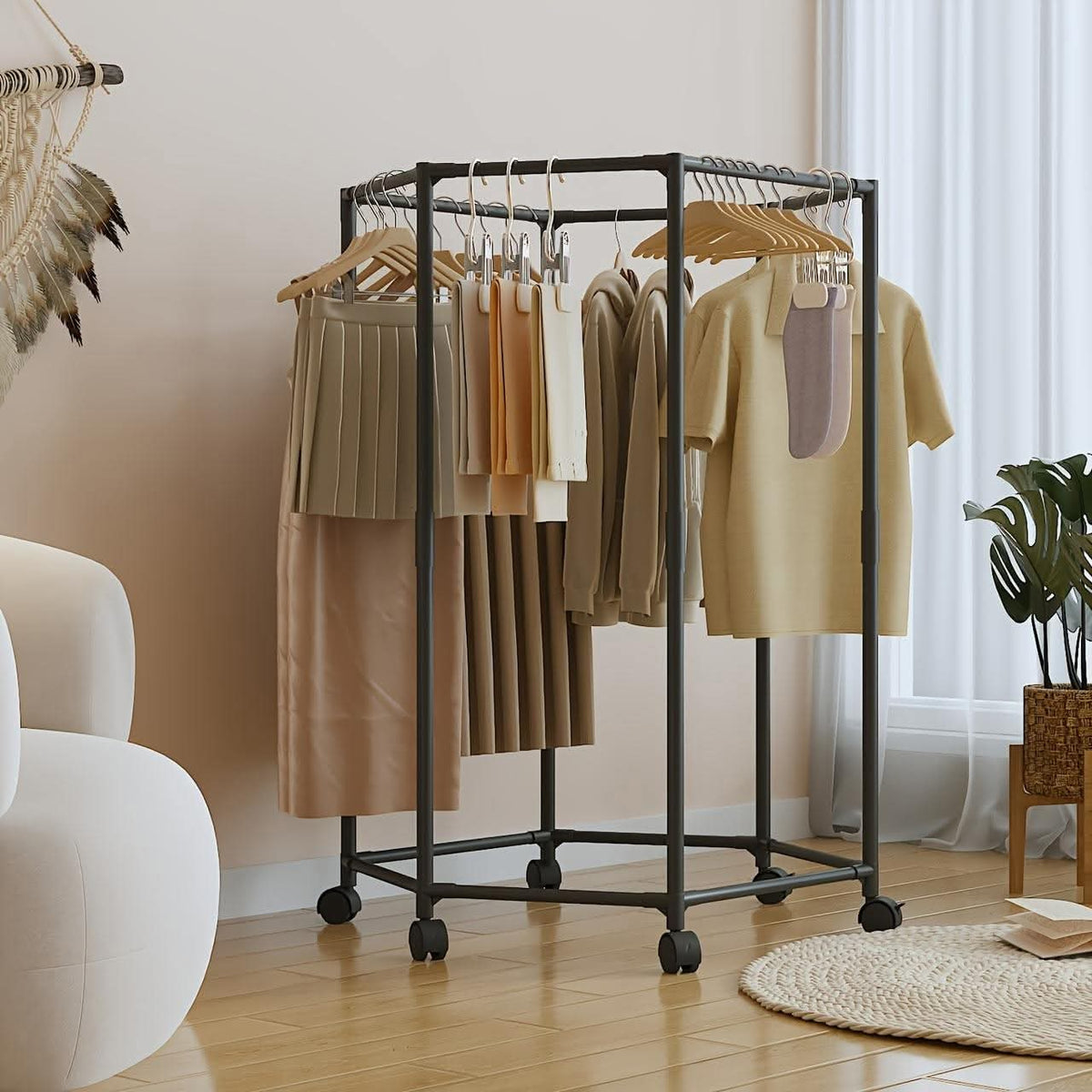 360° Rotating Clothing Rack with Wheels - 6 Tier Carbon Steel Organizer