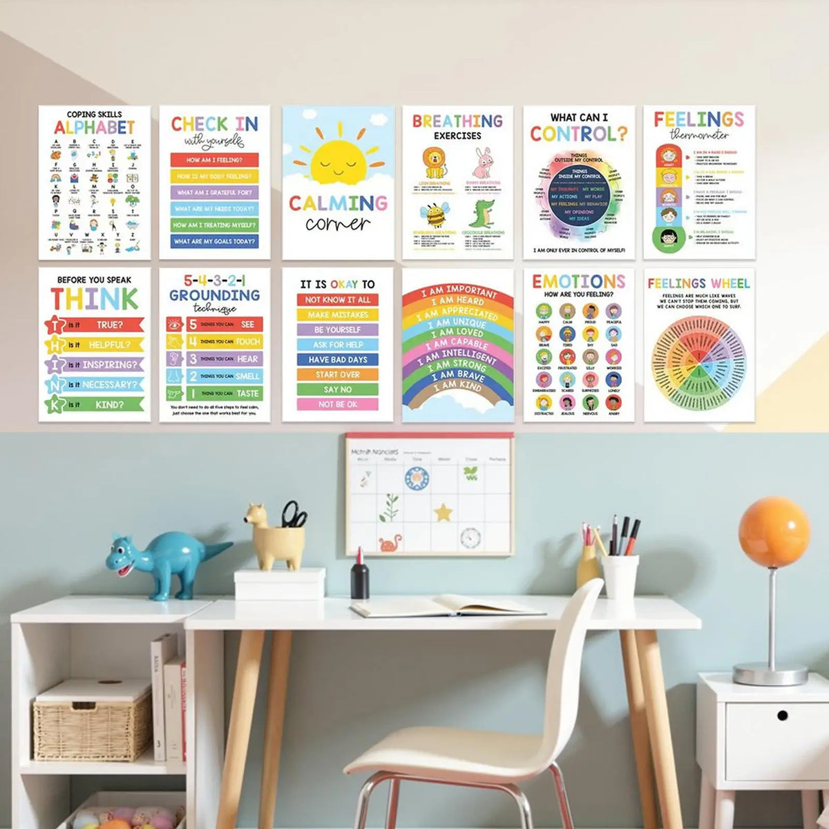 12-Piece Calming Corner Posters for Kids – Mental Health, Emotions Chart, Coping Skills, Breathing Exercises & Feelings Wheel for Classroom and Home