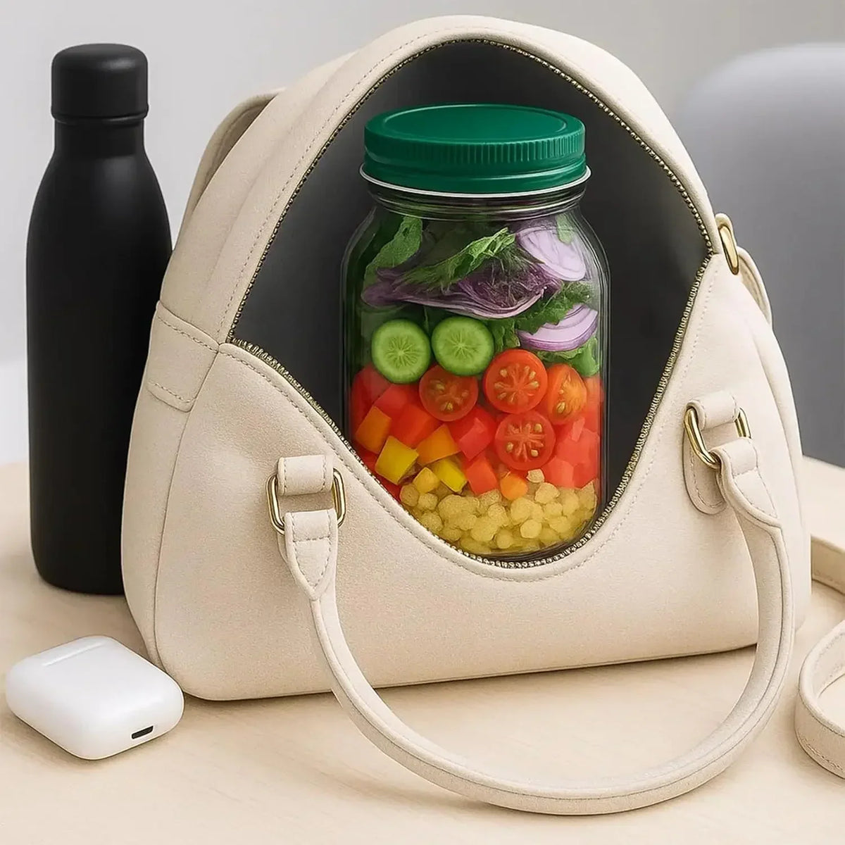 Leakproof Side-Opening Salad Jar with Dressing Cup – Portable Salad Pod Container with Green Lid for Meal Prep, Office, Travel & Picnics