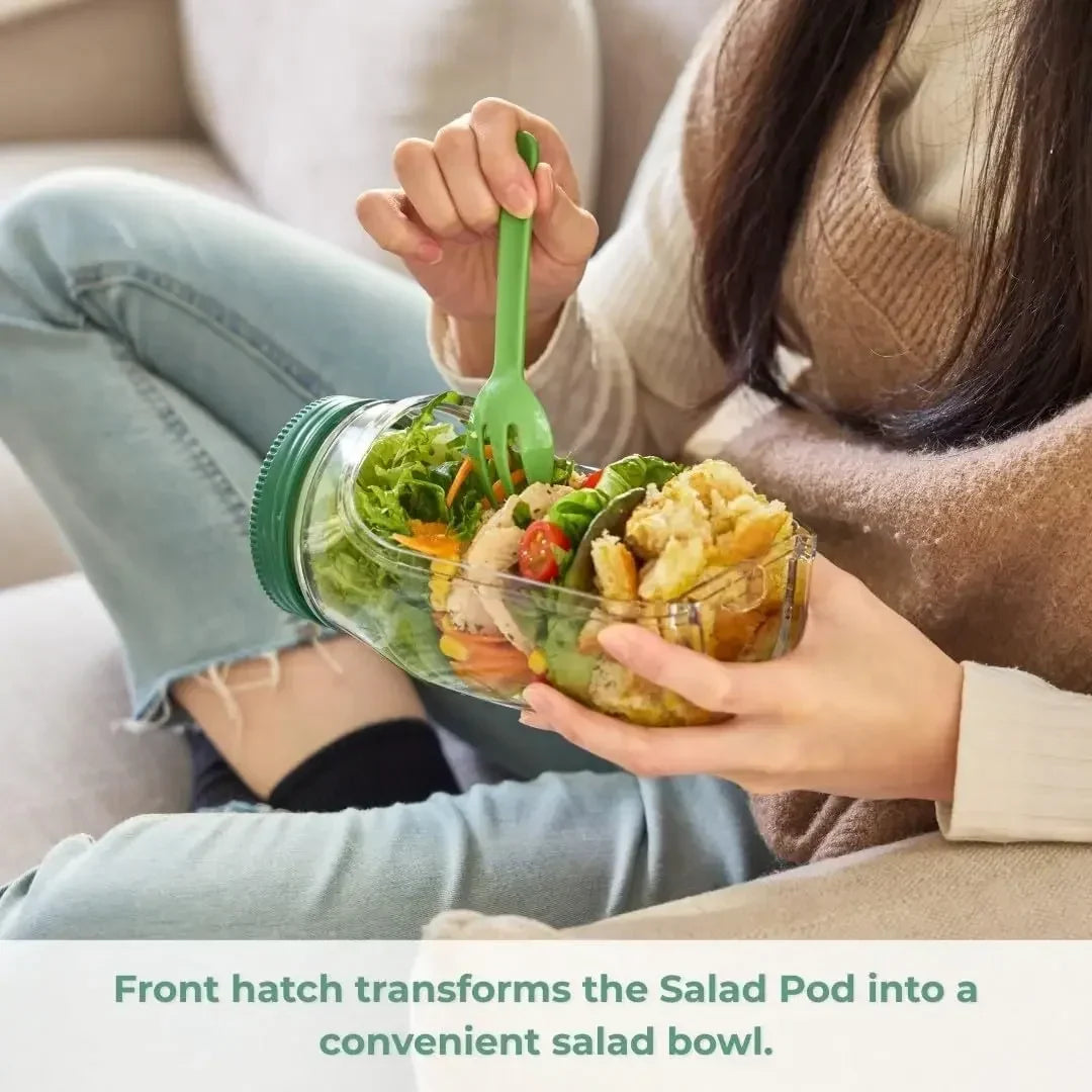 Leakproof Side-Opening Salad Jar with Dressing Cup – Portable Salad Pod Container with Green Lid for Meal Prep, Office, Travel & Picnics