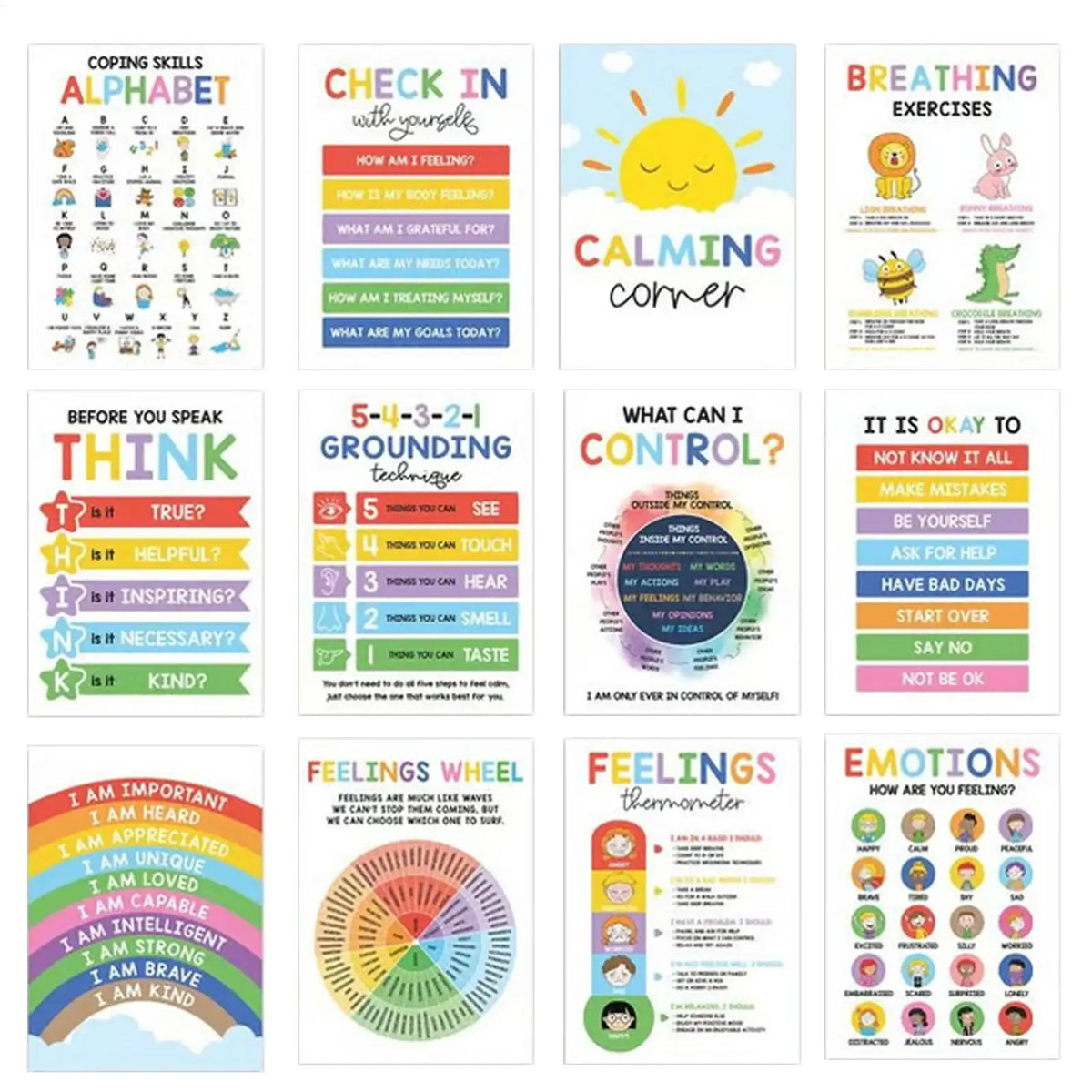 12-Piece Calming Corner Posters for Kids – Mental Health, Emotions Chart, Coping Skills, Breathing Exercises & Feelings Wheel for Classroom and Home