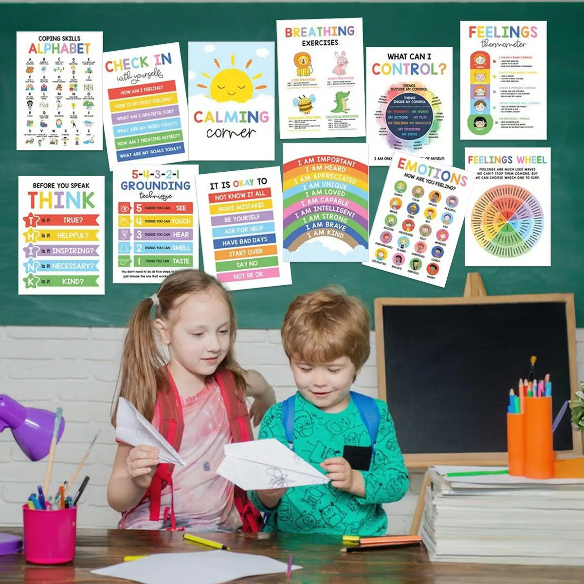 12-Piece Calming Corner Posters for Kids – Mental Health, Emotions Chart, Coping Skills, Breathing Exercises & Feelings Wheel for Classroom and Home