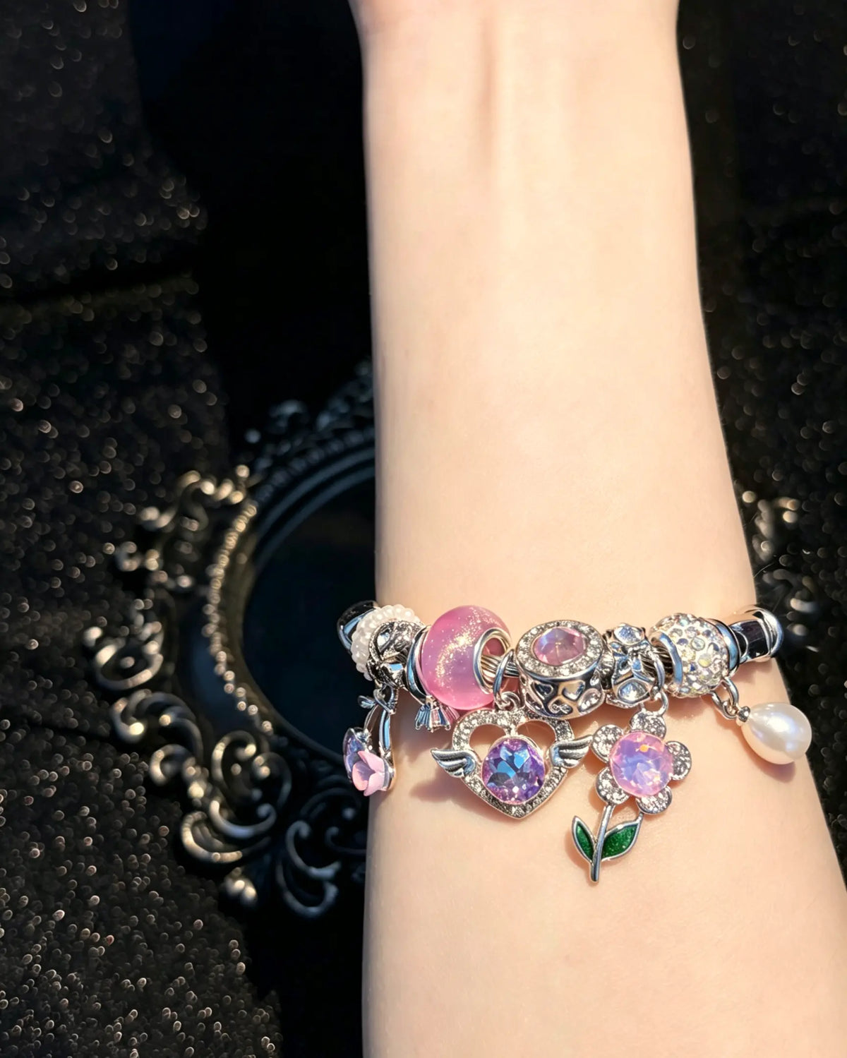 Women's Silver-Tone Open Cuff Bangle Bracelet - Dreamy Pink-Purple Crystal, Flower, Heart, Pearl Charms - Stackable Costume Jewelry Gift