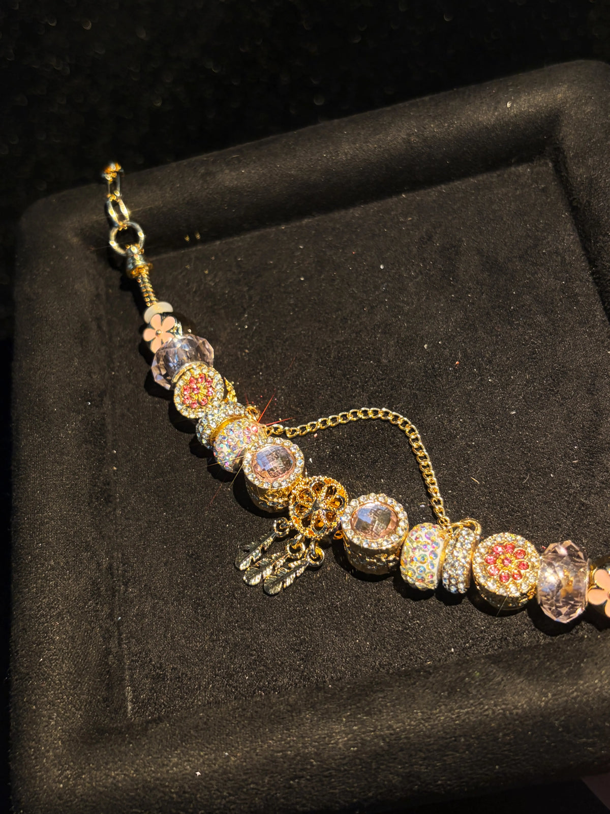 Women's Gold-Tone Feather Tassel Charm Bead Bracelet with Pink Flower Enamel & Crystal Rhinestone Beads, Stackable Costume Jewelry Gift