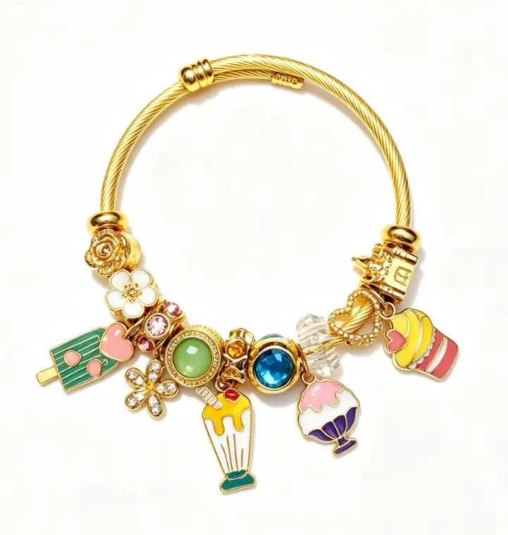 Tone Gold Twisted Open Bangle Cute Dessert Ice Cream Cupcake Popsicle Enamel Charm Bracelet Colorful Crystal Floral Bead Women Sweet Girly Daily Jewelry Gift