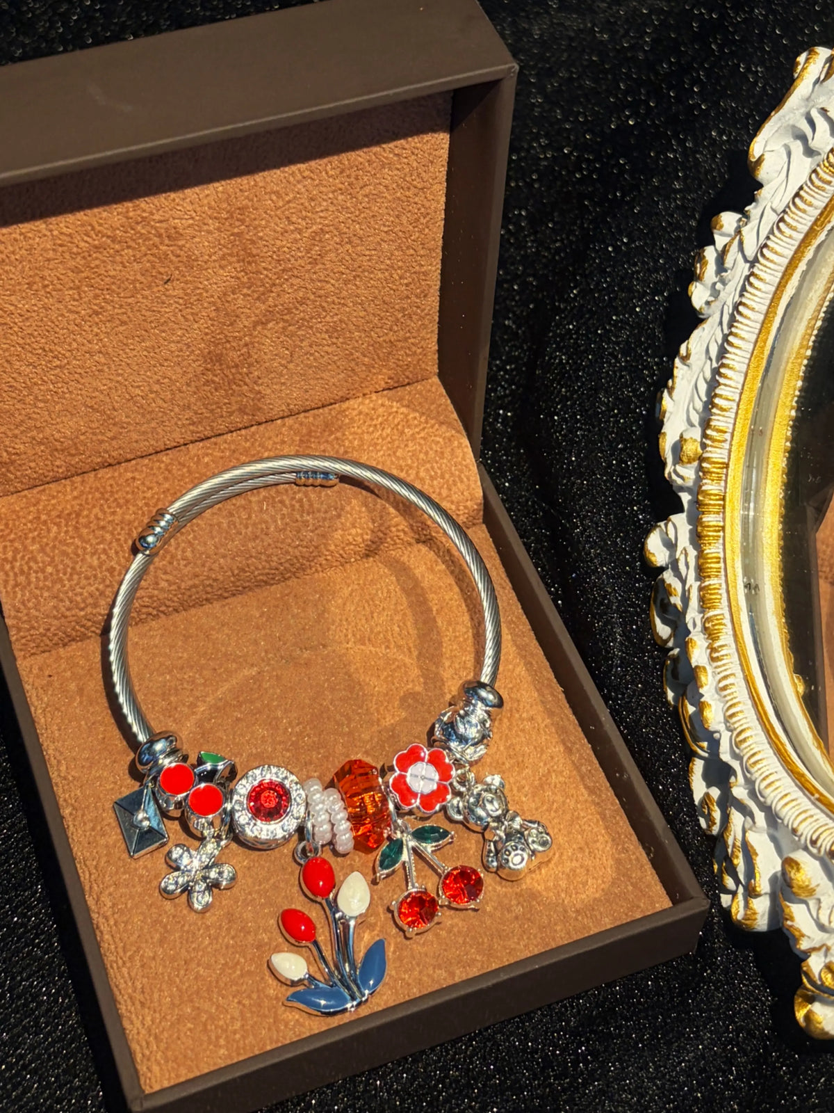 Open Bangle Bracelet, Cherry Tulip Flower Bear Enamel & Sparkling Crystal Dangle Charms, Cute Colorful Statement Jewelry Gift for Women