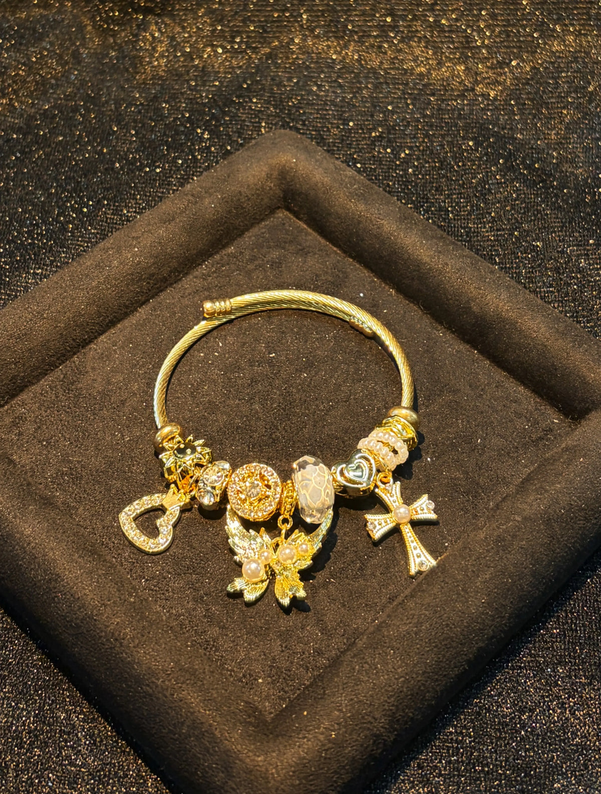 Women’s open cuff bracelet with wing cross design, pearls and crystals, vintage gift jewelry