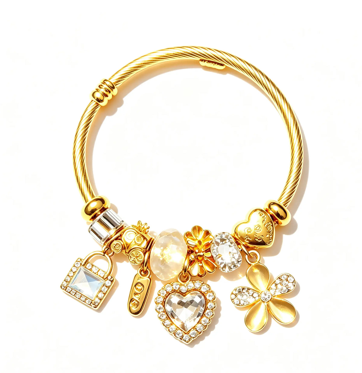 Gold Tone Charm Bracelet for Women, Crystal Heart Flower Pendant Bangle, Elegant Vintage Beaded Bracelet Jewelry Gift for Her Fashionable Bangle Dainty Crystal Bracelet
