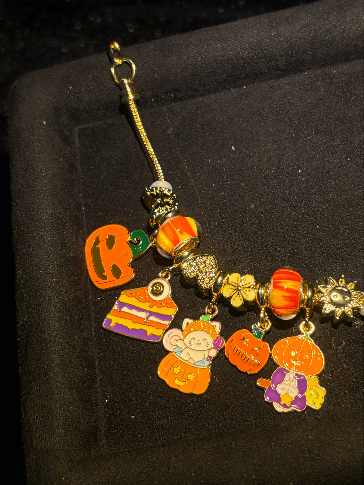 Halloween Themed Charm Bracelet, Gold-Tone Chain with Pumpkin, Kitten, Cake Enamel Charms, Festive Holiday Costume Jewelry Gift for Women