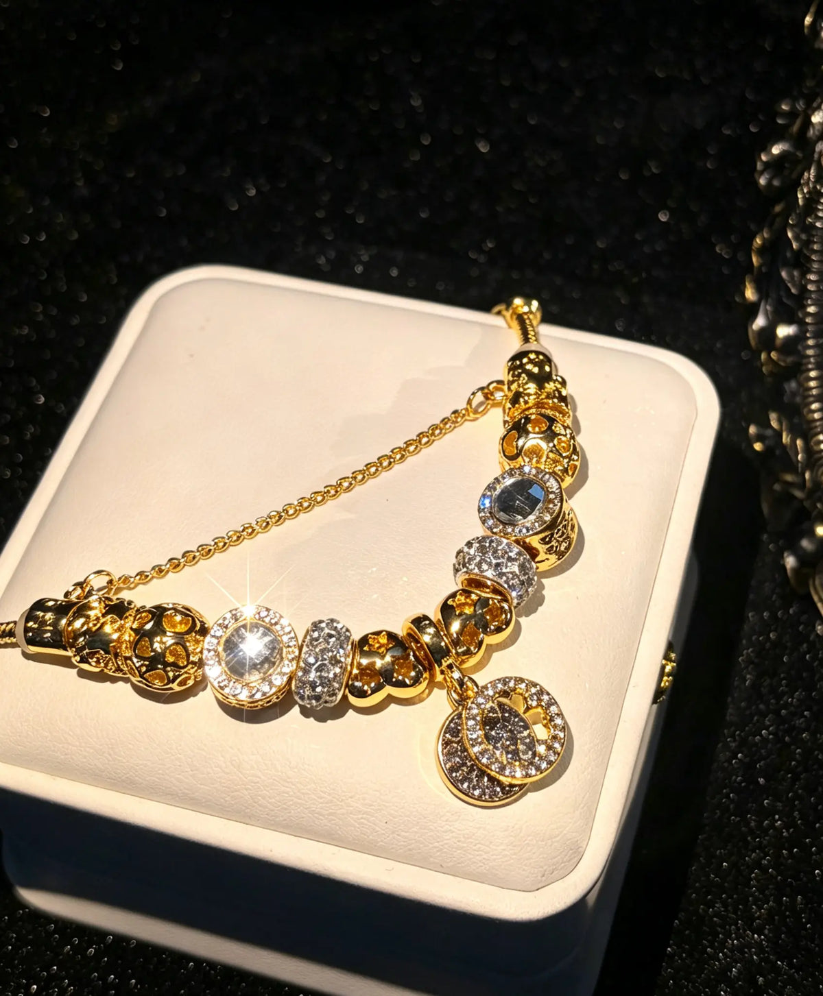 Women's Gold-Tone Clover Round Disc Charm Bracelet - Sparkling Rhinestone Beaded Snake Chain, Elegant Dangle Jewelry Gift for Teen Girls