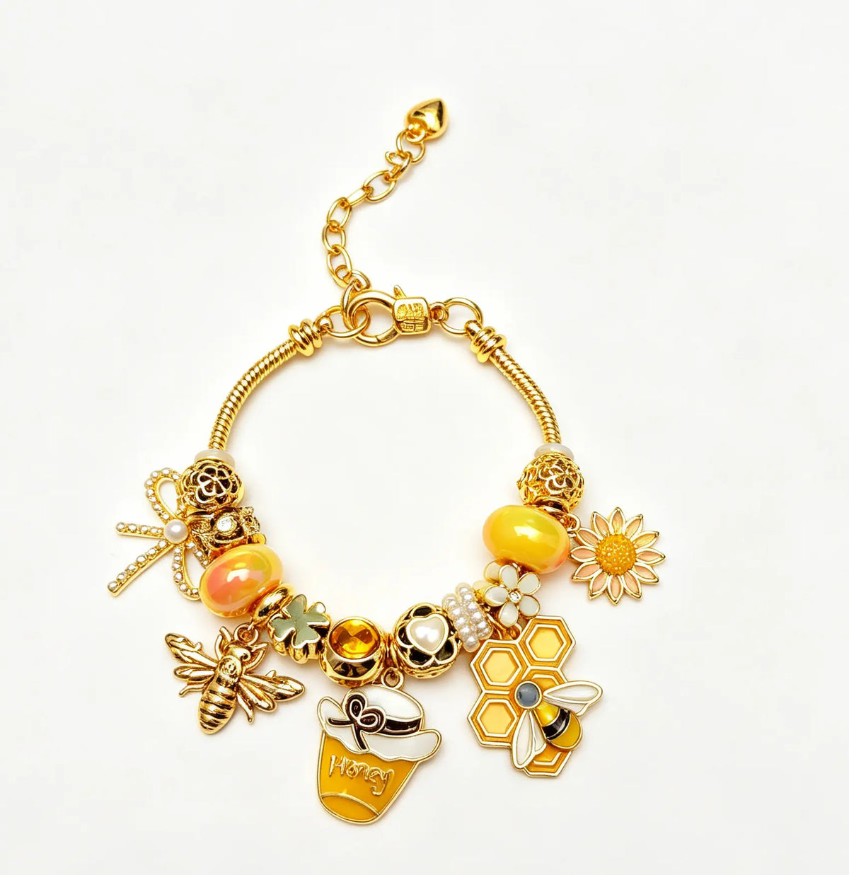Honey Bee Charm Bracelet, Gold Tone Floral Honeycomb Bangle with Beaded Charms, Nature Inspired Fashion Jewelry Gift for Women