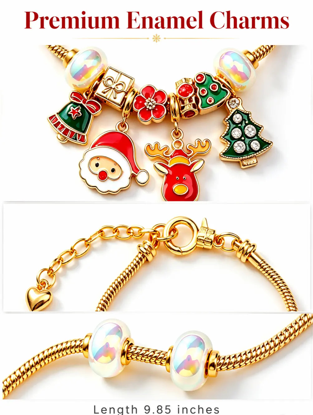 Christmas Charm Bracelet for Women, Gold Plated Snake Chain Beaded Bracelet with Santa Claus, Reindeer, Christmas Tree Enamel Charms, Holiday Xmas Jewelry Gift