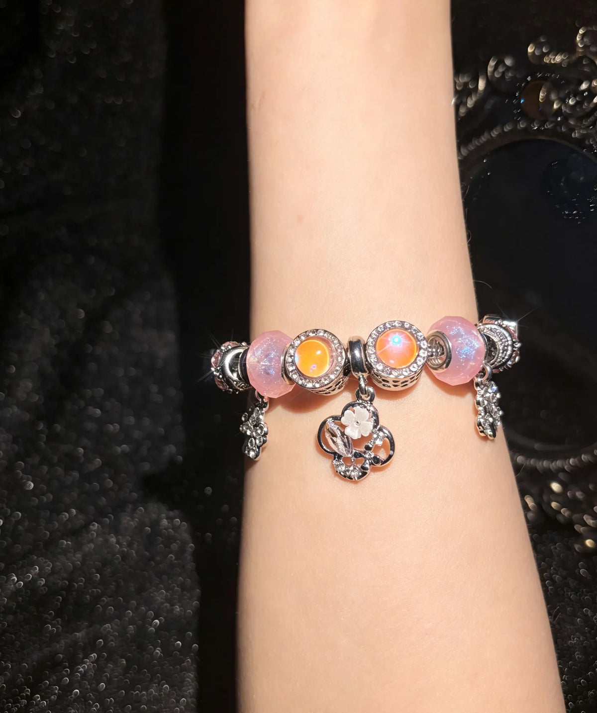 Women's Enchanting Pink-Orange Beaded Charm Bracelet with 4-Leaf Clover Dangle, Fashion Costume Jewelry Gift