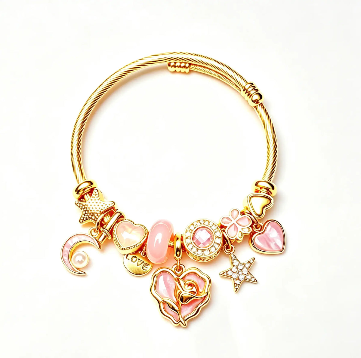 Women's Pink Rose Heart Charm Bangle - Gold Twist Cable Wire Open Cuff Bracelet with Moon, Star, 4-Leaf Clover Dangle Charms, Fashion Costume Jewelry Gift