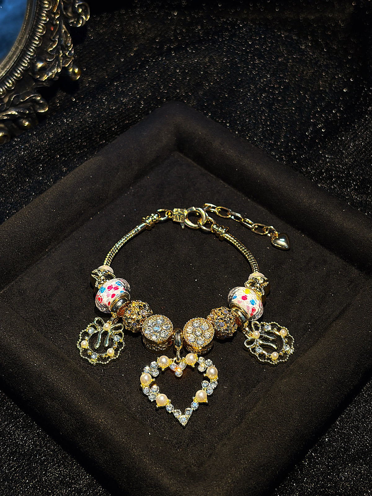 Women’s Elegant Heart Pearl Charm Beaded Bracelet, Bow Rhinestone Pendant Snake Chain Bracelet, Vintage Sparkly Fashion Jewelry Gift for Teen Girls