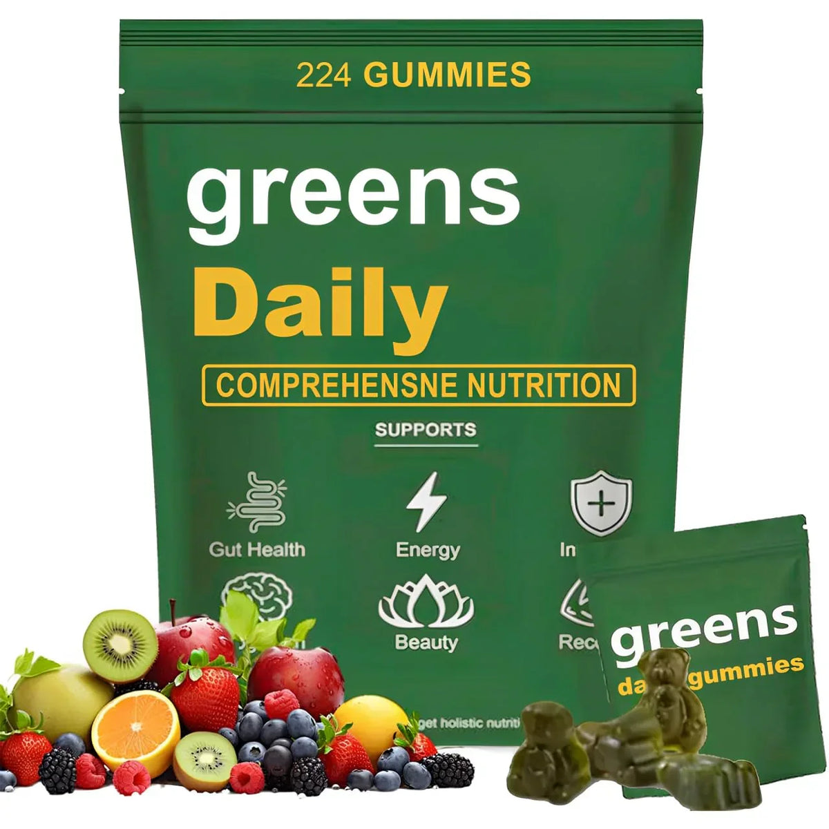 Greens Gummies Organic Green Nutritional Gummies-60+ natural whole-food ingredients