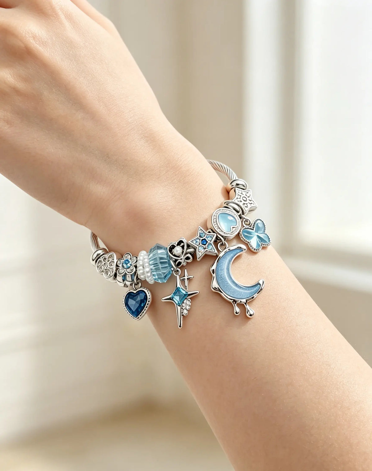 Blue Moon Star Charm Bracelet, Adjustable Silver Cable Bangle with Blue Crystal Heart Butterfly Charms, Women Fashion Jewelry Gift