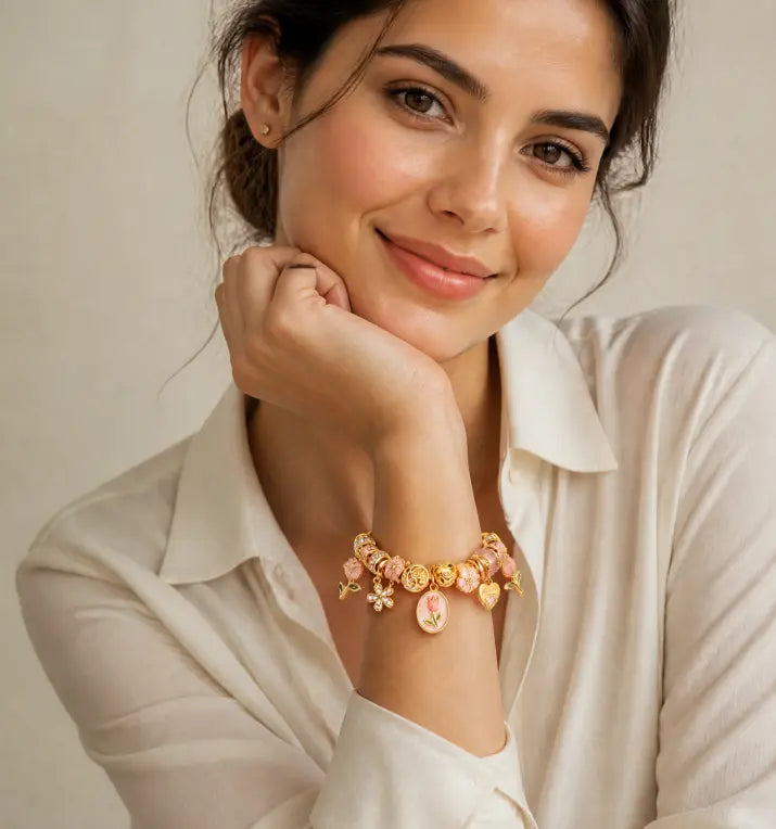 Spring Vibes on Your Wrist, Pink Tulip & Heart Charm Bracelet