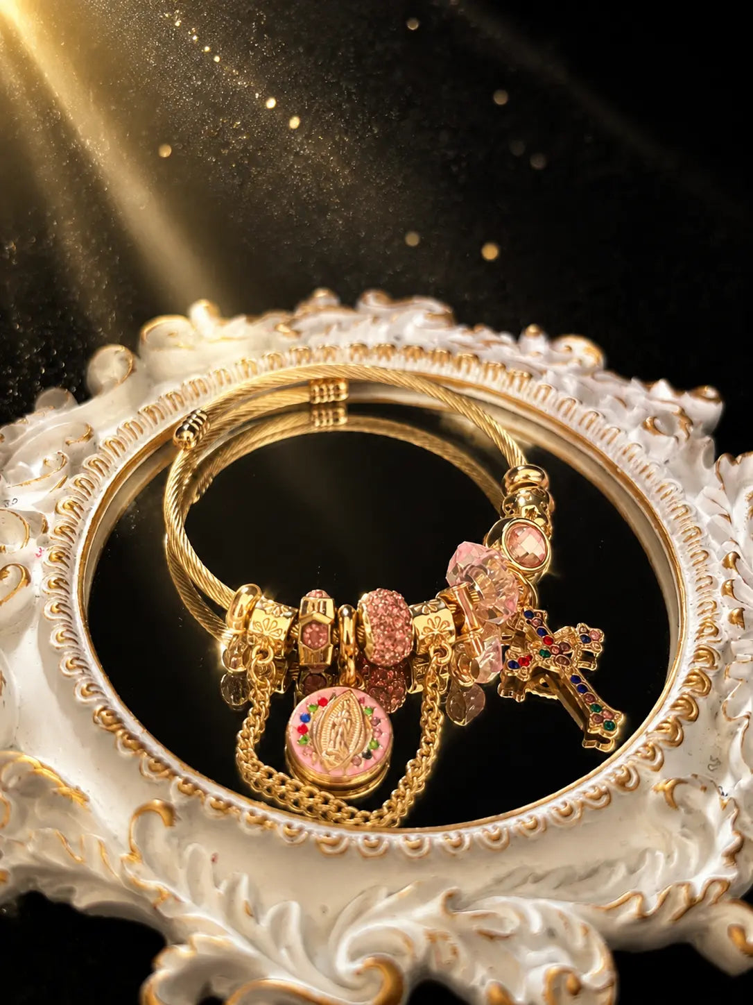 Gold Tone Virgin Mary Cross Charm Wire Bangle, Pink Crystal Religious Bracelet For Women