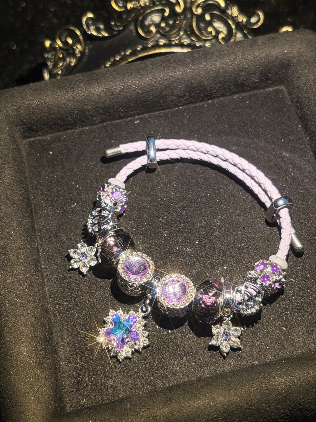 Purple Star & Flower Multi-Charm Braided Rope Bracelet - Sparkly Rhinestone Crystal Decor, Stackable Fashion Jewelry Gift for Women