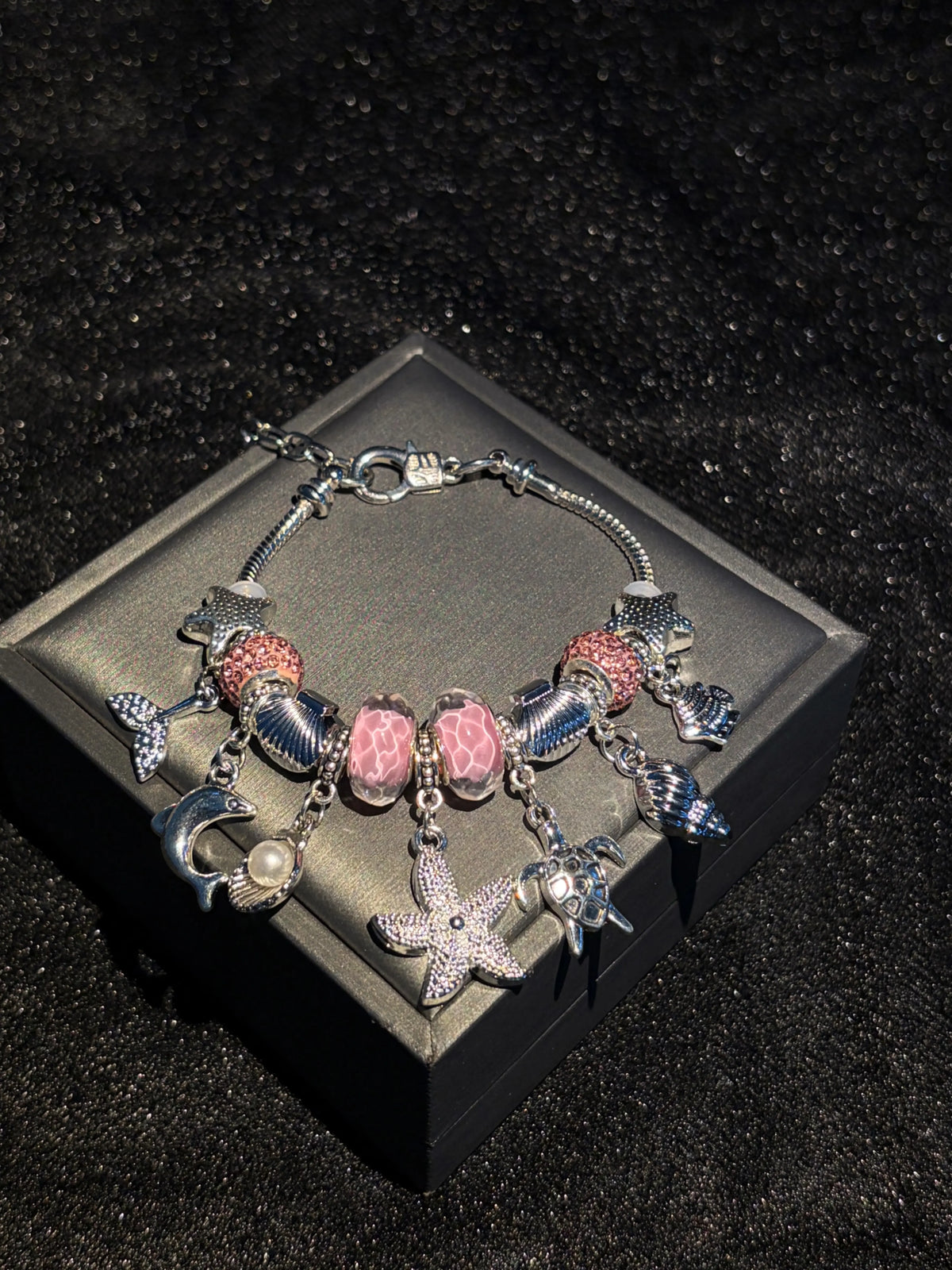 Silver‑Tone Ocean Theme Charm Bracelet for Women, Sea Life Dangle Charms Dolphin,Starfish,Turtle,Shell Conch Mermaid Tail, Murano Glass Beads, 2 Colors Blue Pink Option, Summer Beach Jewelry Gift for Girls