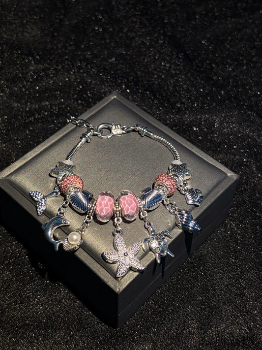 Silver‑Tone Ocean Theme Charm Bracelet for Women, Sea Life Dangle Charms Dolphin,Starfish,Turtle,Shell Conch Mermaid Tail, Murano Glass Beads, 2 Colors Blue Pink Option, Summer Beach Jewelry Gift for Girls
