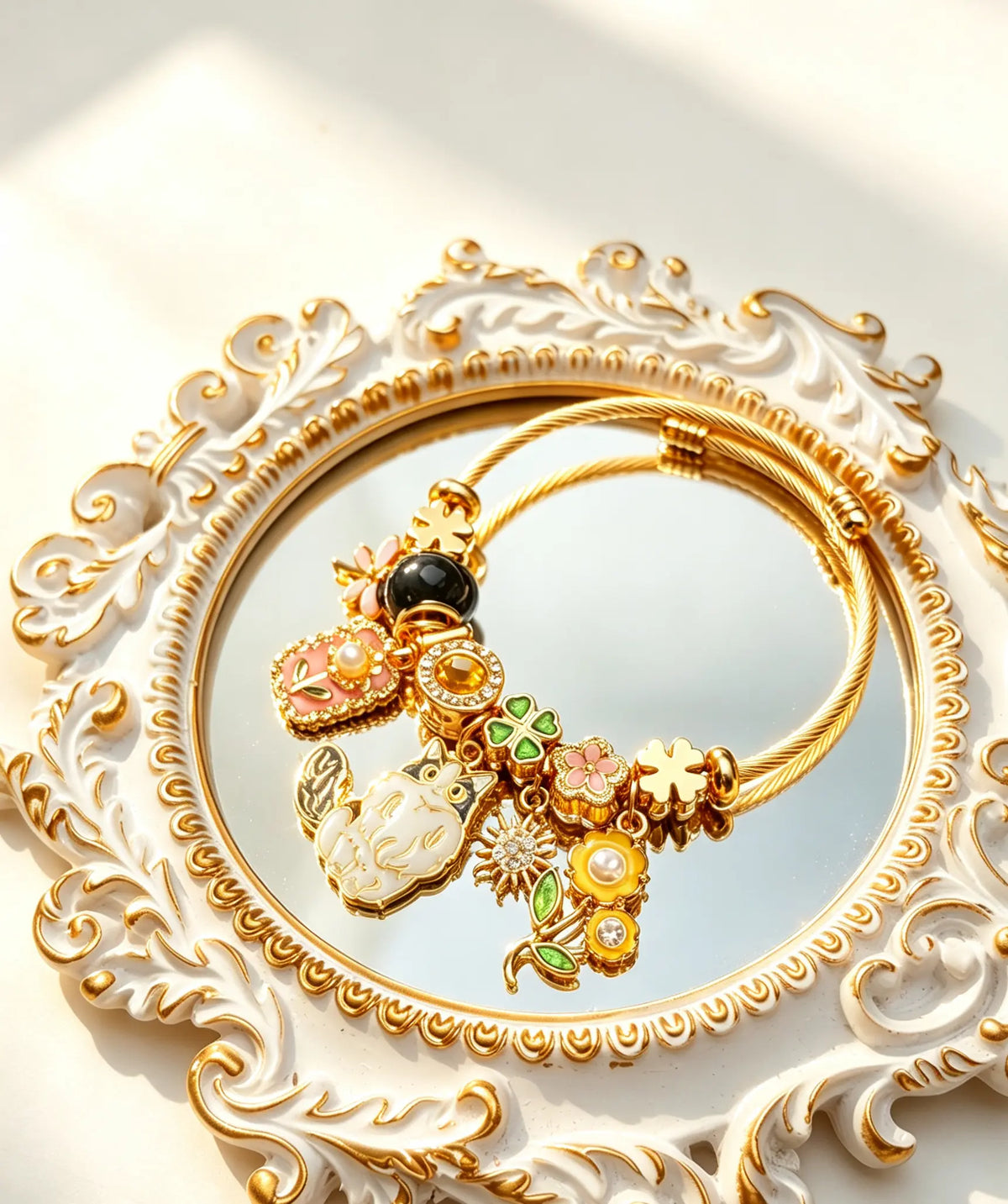 Women's Adjustable Gold-Plated Cat Charm Bangle - Enamel Flower, 4-Leaf Clover, Twisted Cable Wire, Dangle Bead Costume Jewelry Gift